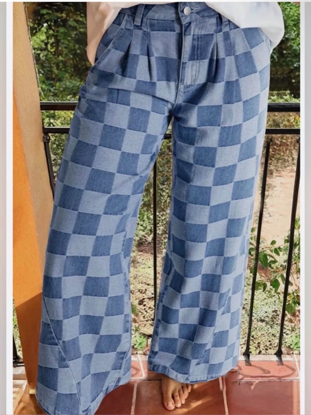 Checkerboard Wide Leg Denim Pants - Blue